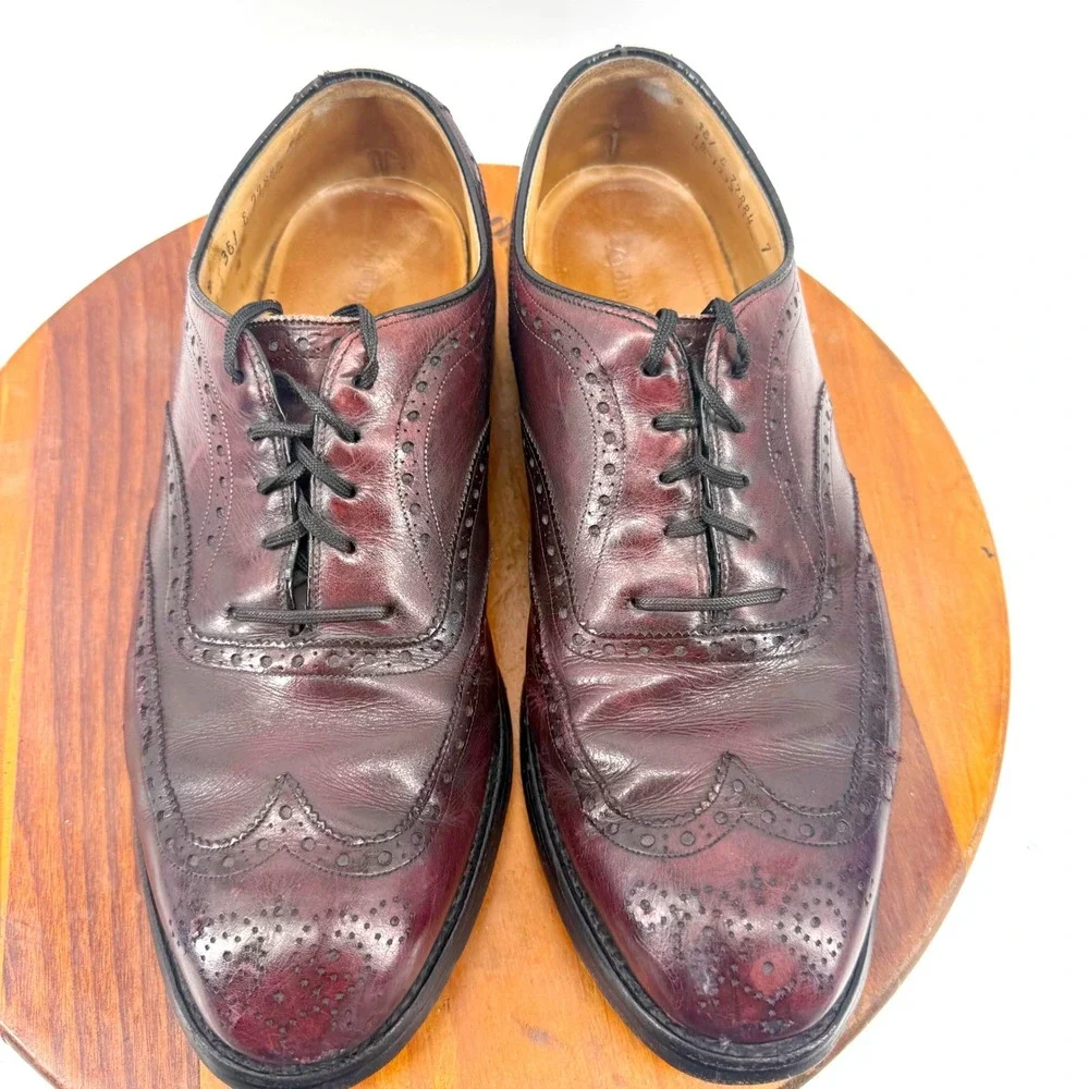 Johnston & Murphy Mens 7E Burgundy Leather Wingtip Oxford Shoes USA Heritage